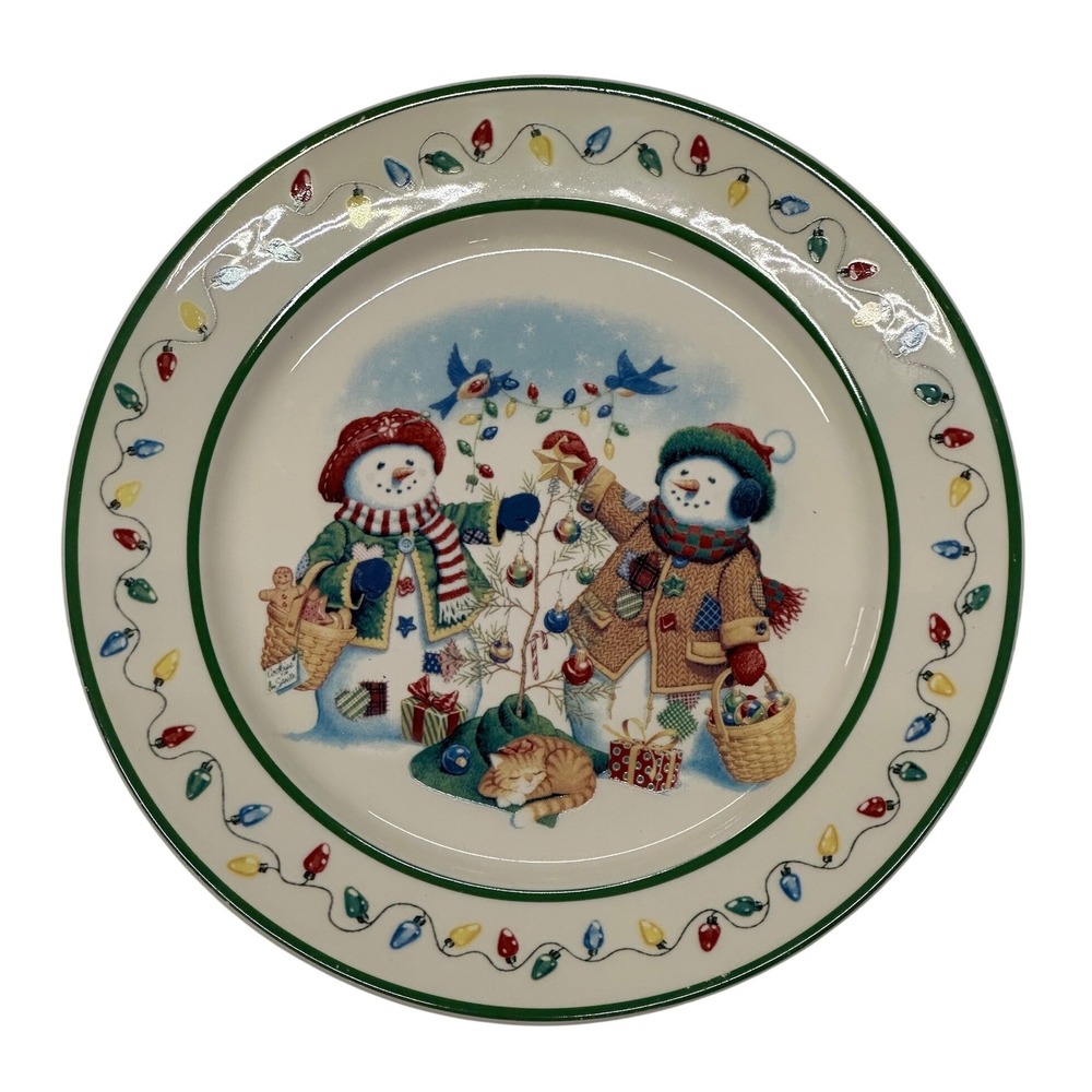 VTG Longaberger Flurry & Snowball Plate White Christmas 1999 Snowman Cat Bird 9"
